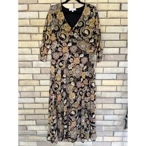 Harlow & Rose Woman Paisley Mesh V-Neck Ruched Sleeve Maxi Dress Black Gold 1X‎